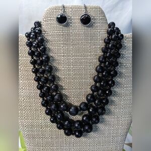Triple Strand Black Faceted Bead Necklace & Pierced Earring Set